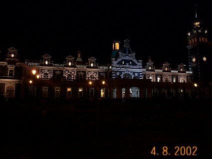 Dunedin's historic station lite up at night